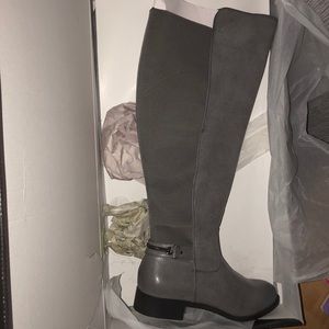 Gray knee high boots